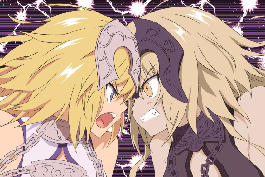 2girls angry armor blonde_hair blue_eyes chains clenched_teeth collar eyebrows_visible_through_hair fate/grand_order fate_(series) flat_color gin'you_haru jeanne_d'arc_(alter)_(fate) jeanne_d'arc_(fate) jeanne_d'arc_(fate)_(all) metal_collar multiple_girls neckwear open_mouth silver_hair sparks teeth yellow_eyes