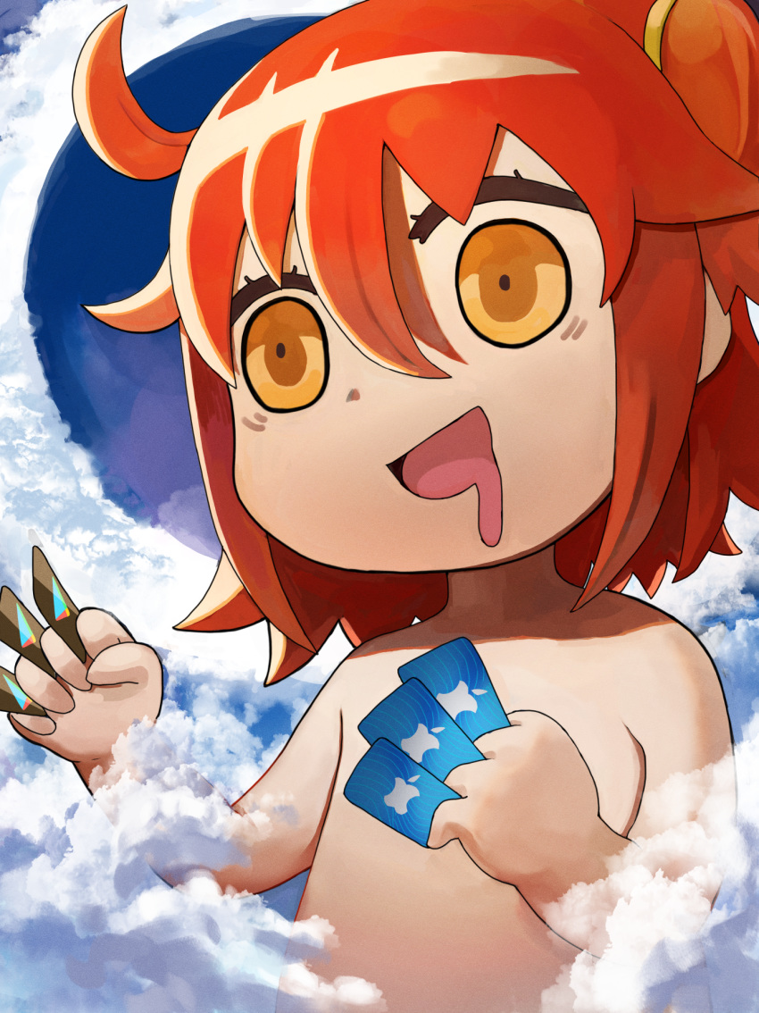 ahoge apple_inc. brand_name_imitation chibi cloud commentary crazy_eyes drooling fate/grand_order fate_(series) female fujimaru_ritsuka_(female) giant giantess gift_card google_play greentanuki highres itunes_card logo nude one_side_up orange_eyes orange_hair parody riyo_(lyomsnpmp)_(style) solo style_parody