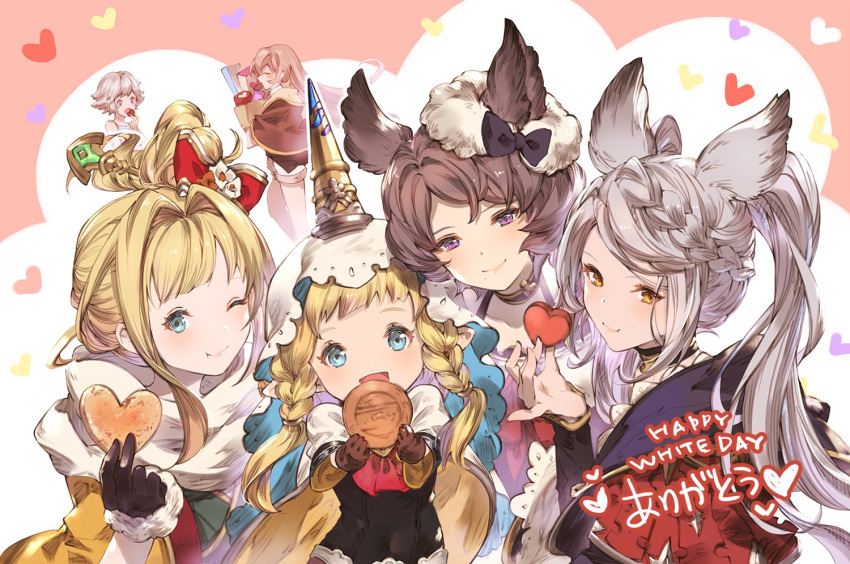 6+girls amira_(shingeki_no_bahamut) animal_ears blonde_hair blue_eyes braid braided_bangs brown_hair choker commentary_request erune farrah_(granblue_fantasy) fraux gloves granblue_fantasy grey_hair harvin heart japanese_clothes long_hair mirin_(granblue_fantasy) mole mole_under_mouth multiple_girls official_art one_eye_closed philosophia_(granblue_fantasy) purple_eyes ribbon scarf short_hair smile sutera_(granblue_fantasy) twintails yellow_eyes