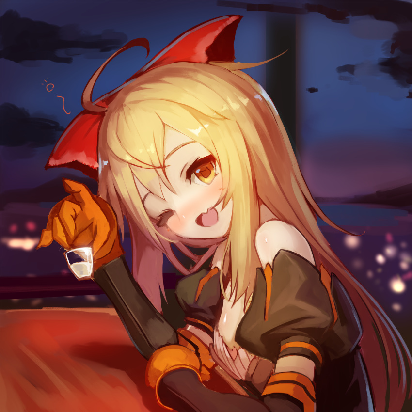 ;d ahoge bare_shoulders black_sleeves blonde_hair bow brown_eyes cloud commentary_request cup detached_sleeves drinking_glass female gloves hair_between_eyes hairbow head_tilt highres holding holding_cup long_hair long_sleeves night night_sky oerba_yun_fang one_eye_closed open_mouth orange_gloves puffy_short_sleeves puffy_sleeves red_bow shadow_alice_(wonderland_wars) short_sleeves sky smile solo sue_(bg-bros) upper_body very_long_hair wonderland_wars