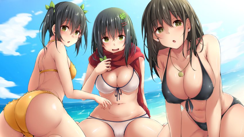 3girls ass beach bikini black_bikini black_hair blue_sky breasts cameltoe cleavage cloud clover clover_hair_ornament collarbone commentary_request cowboy_shot day earrings four-leaf_clover front-tie_top green_eyes hair_ornament highres hitoi horizon jewelry large_breasts long_hair looking_at_viewer mature_female mother_and_daughter multiple_girls natsume_konoha natsume_minori natsume_nae navel necklace ocean original outdoors red_scarf scarf short_hair siblings sisters sky swimsuit twintails white_bikini yellow_bikini