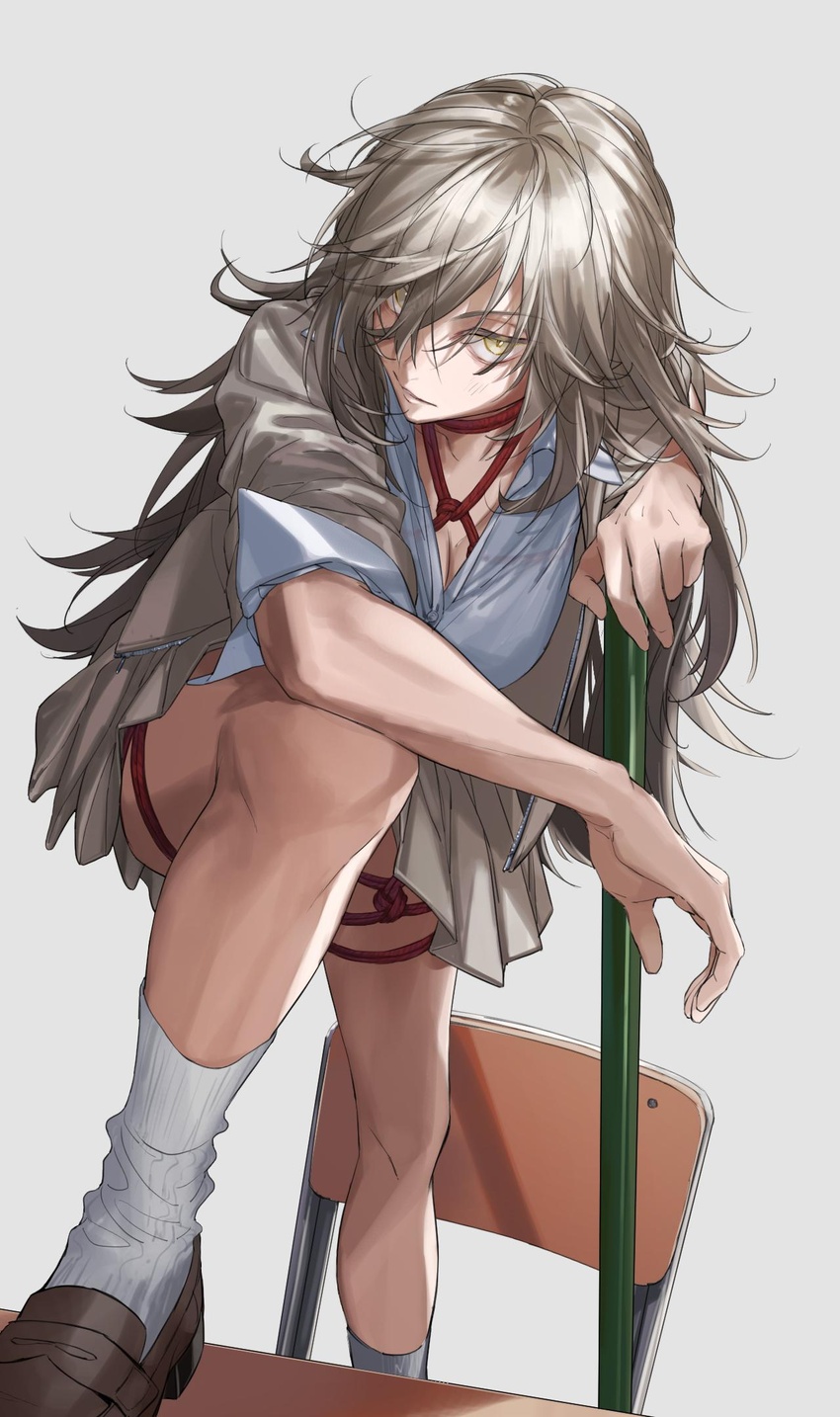 ashita_kura bondage breasts brown_hair chair commentary_request desk female hair_over_one_eye highres kneehighs long_hair looking_at_viewer original pleated_skirt red_rope rope school_uniform shibari_under_clothes skirt socks solo very_long_hair white_socks yellow_eyes