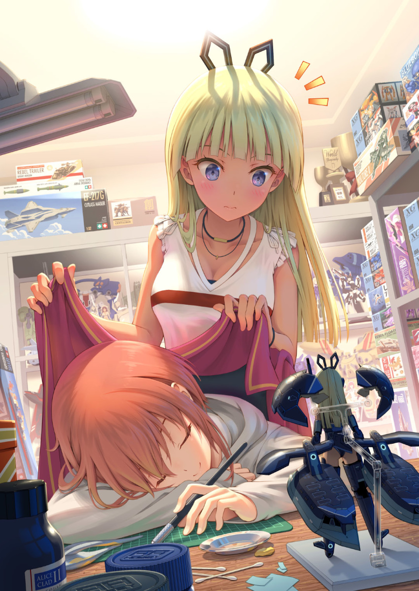 2girls agatsuma_kaede aikawa_aika alice_gear_aegis araime_yasuri blanket blonde_hair blunt_bangs blush box breasts brown_hair cleavage closed_eyes commentary_request cotton_swab covering_with_blanket cutting_mat desk desk_lamp display_case facing_viewer figure figure_stage flustered hair_ornament head_down highres hobby_knife indoors jar jewelry kanagata_sugumi kaneshiya_sitara lamp left-handed long_hair long_sleeves medium_breasts model_building model_kit multiple_girls necklace notice_lines otaku_room photoshop_(medium) pinakes scalpel short_hair sleeping sleeveless smile sweater trophy virginia_glynnberets wavy_mouth wristband