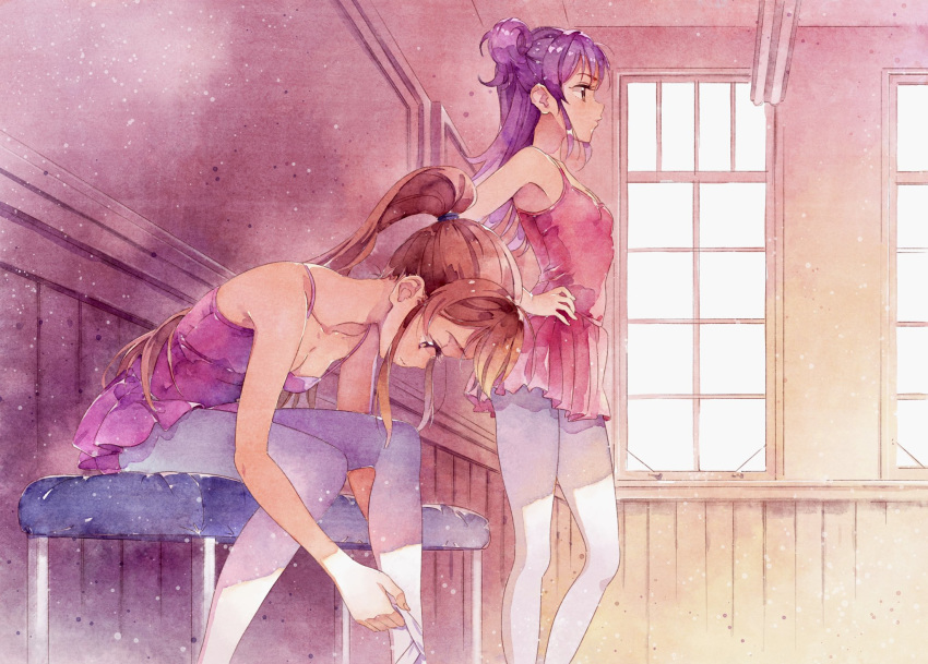 2girls adjusting_footwear aikatsu! aikatsu!_(series) armpits athletic_leotard ballerina ballet ballet_dress ballet_slippers bare_arms bare_shoulders bench breasts brown_eyes brown_hair ceiling_light classroom cleavage collarbone commentary faux_traditional_media feet_out_of_frame from_side hair_bun hair_tie hand_on_own_hip high_ponytail highres indoors katou_akatsuki leaning_forward leotard long_hair looking_away medium_breasts minowa_hikari multiple_girls on_bench pantyhose pink_eyes pink_leotard pink_theme profile purple_hair shibuki_ran single_hair_bun single_side_bun sitting small_breasts spaghetti_strap standing wainscoting white_pantyhose window