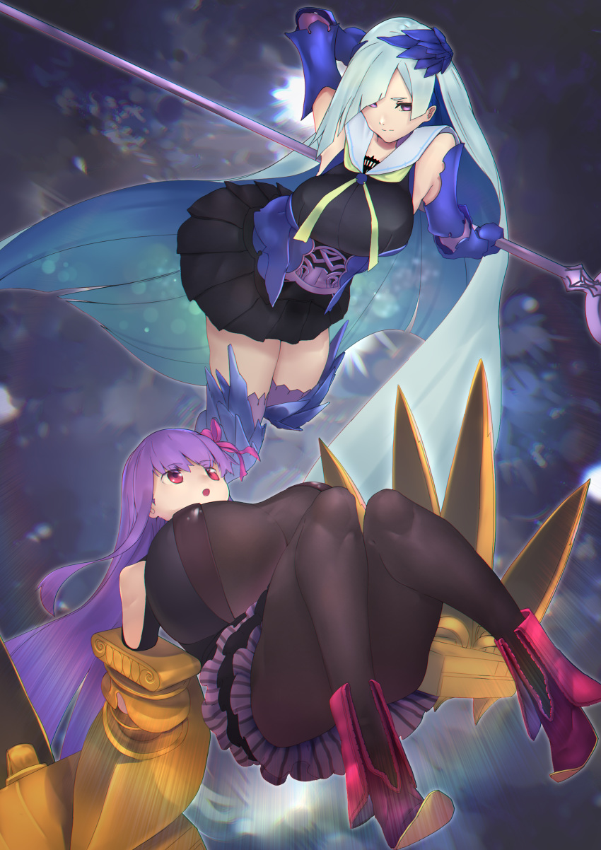 2girls absurdres armor breasts brynhildr_(fate) claws commentary fate/extra fate/extra_ccc fate/grand_order fate/prototype fate/prototype:_fragments_of_blue_and_silver fate_(series) gauntlets hair_over_one_eye hair_ribbon headpiece highres huge_breasts long_hair multiple_girls nanao_(aoyamahikari) pantyhose passionlip_(fate) pink_eyes pink_ribbon polearm purple_eyes purple_hair purple_ribbon ribbon spear spiked_hair thighhighs very_long_hair weapon