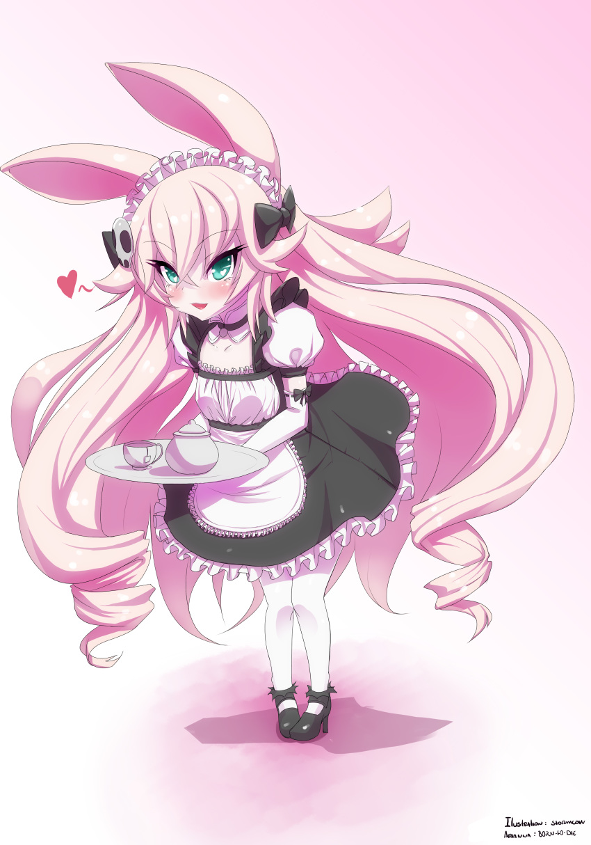 absurd_res animal_humanoid black_clothing black_dress blush clothing container cup dress female green_eyes hair heart_symbol hi_res humanoid lagomorph lagomorph_humanoid leporid_humanoid long_hair maid_uniform mammal mammal_humanoid rabbit_humanoid solo stormcow tea_cup uniform