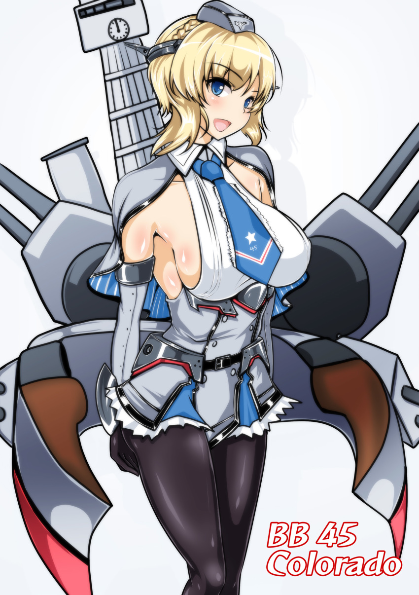 absurdres black_pantyhose blonde_hair blue_eyes blue_necktie breasts capelet character_name clock colorado_(kancolle) commentary_request cowboy_shot dress female garrison_cap grey_dress grey_hat hat headgear highres kantai_collection large_breasts lattice_mast looking_at_viewer machinery necktie open_mouth pantyhose photoshop_(medium) sangyou_haikibutsu_a short_hair sideboob simple_background smile solo standing white_background