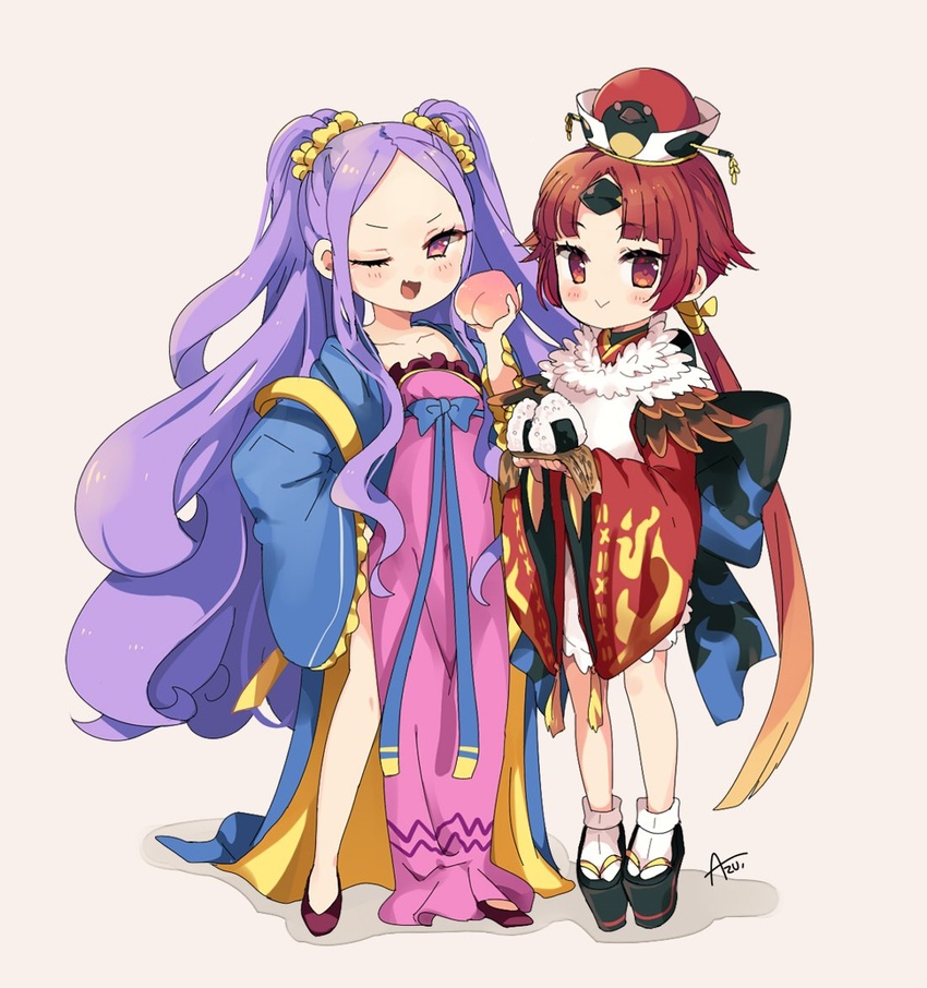 2girls :> ;d apron azu_(kirara310) benienma_(fate) black_footwear blush_stickers bobby_socks brown_background brown_hair chinese_clothes collarbone commentary_request dress fate/grand_order fate_(series) flats food frilled_dress frills fruit gradient_hair hair_ornament hair_scrunchie hand_on_own_hip hanfu holding holding_food japanese_clothes kimono long_hair long_sleeves low_ponytail multicolored_hair multiple_girls oerba_yun_fang one_eye_closed onigiri open_clothes open_mouth parted_bangs peach pelvic_curtain pink_dress platform_footwear ponytail purple_footwear purple_hair qixiong_ruqun red_eyes red_hair red_kimono scrunchie shadow shoes short_kimono signature smile socks standing strapless strapless_dress twintails v-shaped_eyebrows very_long_hair white_apron white_legwear wide_sleeves wu_zetian_(fate) wu_zetian_(first_ascension)_(fate) yellow_scrunchie