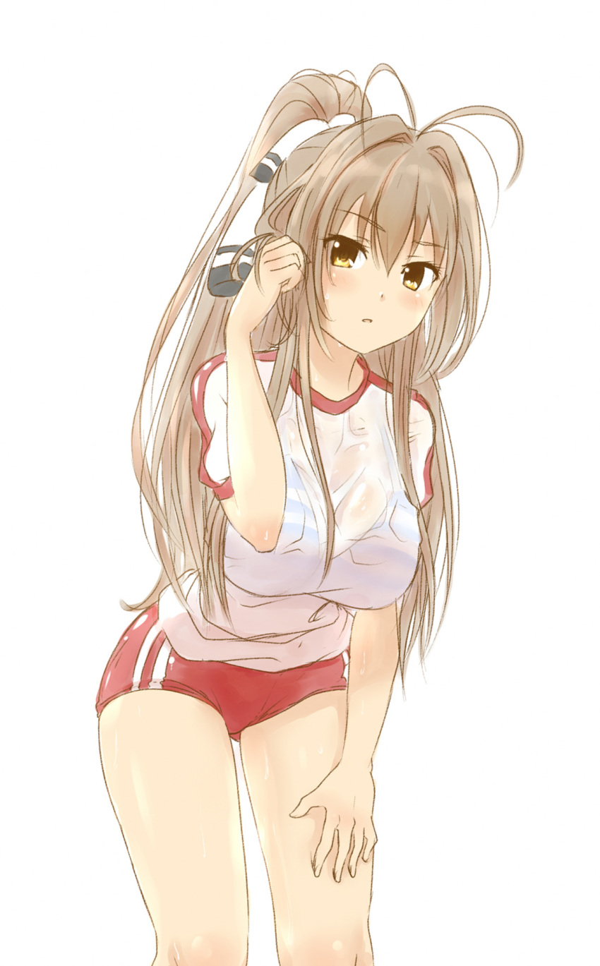 amagi_brilliant_park antenna_hair blush bra brown_eyes brown_hair buruma commentary female hair_between_eyes hand_in_own_hair hand_on_leg highres leaning_forward long_hair looking_at_viewer photoshop_(medium) ponytail red_buruma see-through sento_isuzu solo striped_bra striped_clothes underwear viperxtr wet wet_clothes white_background