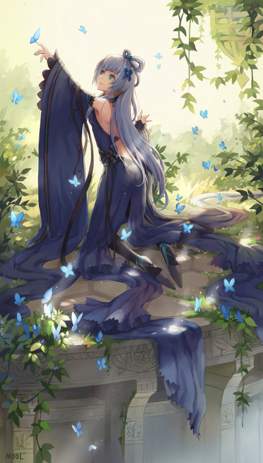 backless_dress backless_outfit black_footwear black_pantyhose blue_butterfly blue_dress blue_eyes blue_hair bug butterfly chinese_commentary closed_mouth commentary_request dress female flower from_behind hair_flower hair_ornament high_heels highres kneeling long_hair looking_away luo_tianyi magical_girl mool_yueguang pantyhose photoshop_(medium) smile thighhighs very_long_hair vocaloid vsinger