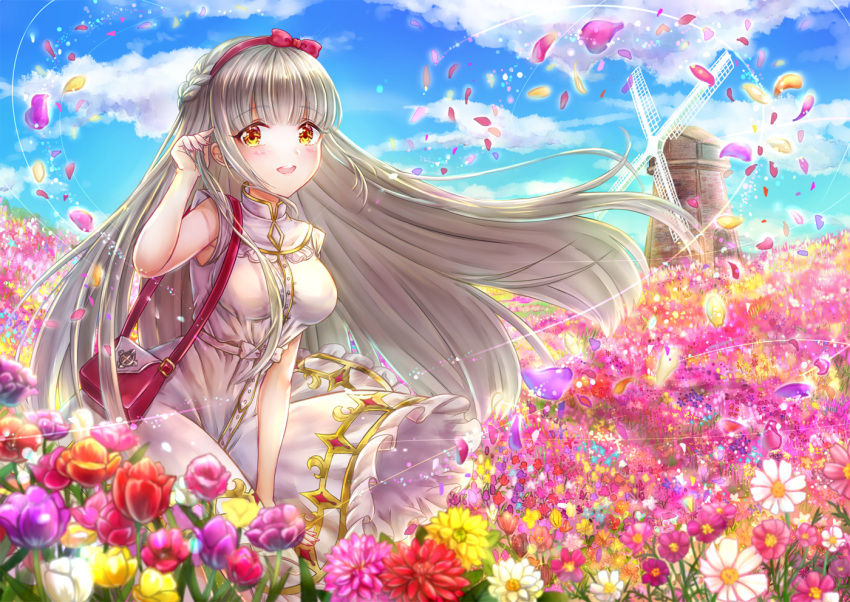 bad_id bad_pixiv_id bag blue_sky blunt_bangs bow braid brown_flower brown_tulip cloud commentary_request cosmos_(flower) dahlia day dress dress_tug falling_petals female field floating_hair flower flower_field grey_hair hairband hairbow handbag holding holding_own_hair long_dress long_hair looking_at_viewer loussier_ellerensia nyamaso outdoors petals pink_flower pink_tulip purple_flower purple_tulip red_bow red_flower red_hairband red_tulip shironeko_project shoulder_bag sky sleeveless sleeveless_dress solo standing sundress tulip very_long_hair white_dress white_flower white_tulip windmill yellow_eyes yellow_flower yellow_tulip