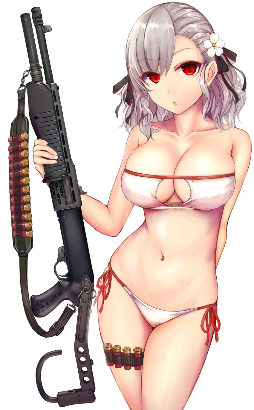 :o absurdres bad_id bad_twitter_id bandolier bikini blush breasts cartridge cleavage commentary_request cowboy_shot female flower franz_(217franz) girls'_frontline grey_hair gun hair_flower hair_ornament hair_ribbon highres holding holding_weapon large_breasts looking_at_viewer navel official_alternate_costume pump_action red_eyes ribbon shotgun shotgun_shell side-tie_bikini_bottom solo spas-12 spas-12_(girls'_frontline) spas-12_(midsummer_fruit)_(girls'_frontline) swimsuit thigh_strap twintails weapon white_background white_bikini