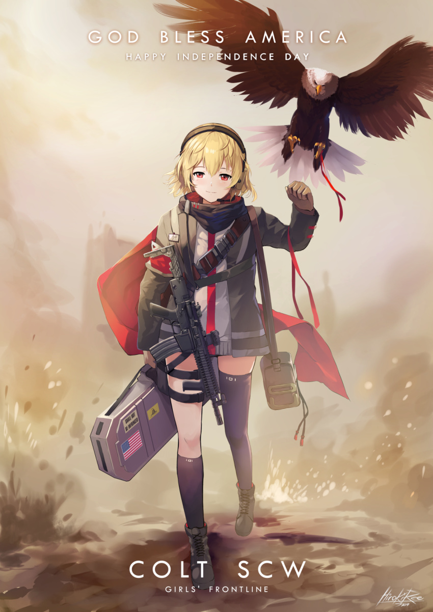 american_flag armband asymmetrical_legwear bag bald_eagle bird blonde_hair boots buckle character_name commentary dated dust eagle explosion female fourth_of_july full_body gadsden_flag girls'_frontline gloves gun hair_between_eyes hand_up head_tilt highres hiroki_ree holding holding_bag jacket kneehighs long_hair red_scarf rifle scarf scw_(girls'_frontline) scw_(gun) short_hair signature single_kneehigh single_sock single_thighhigh skindentation smile snap-fit_buckle socks solo thigh_strap thighhighs uneven_legwear weapon wind