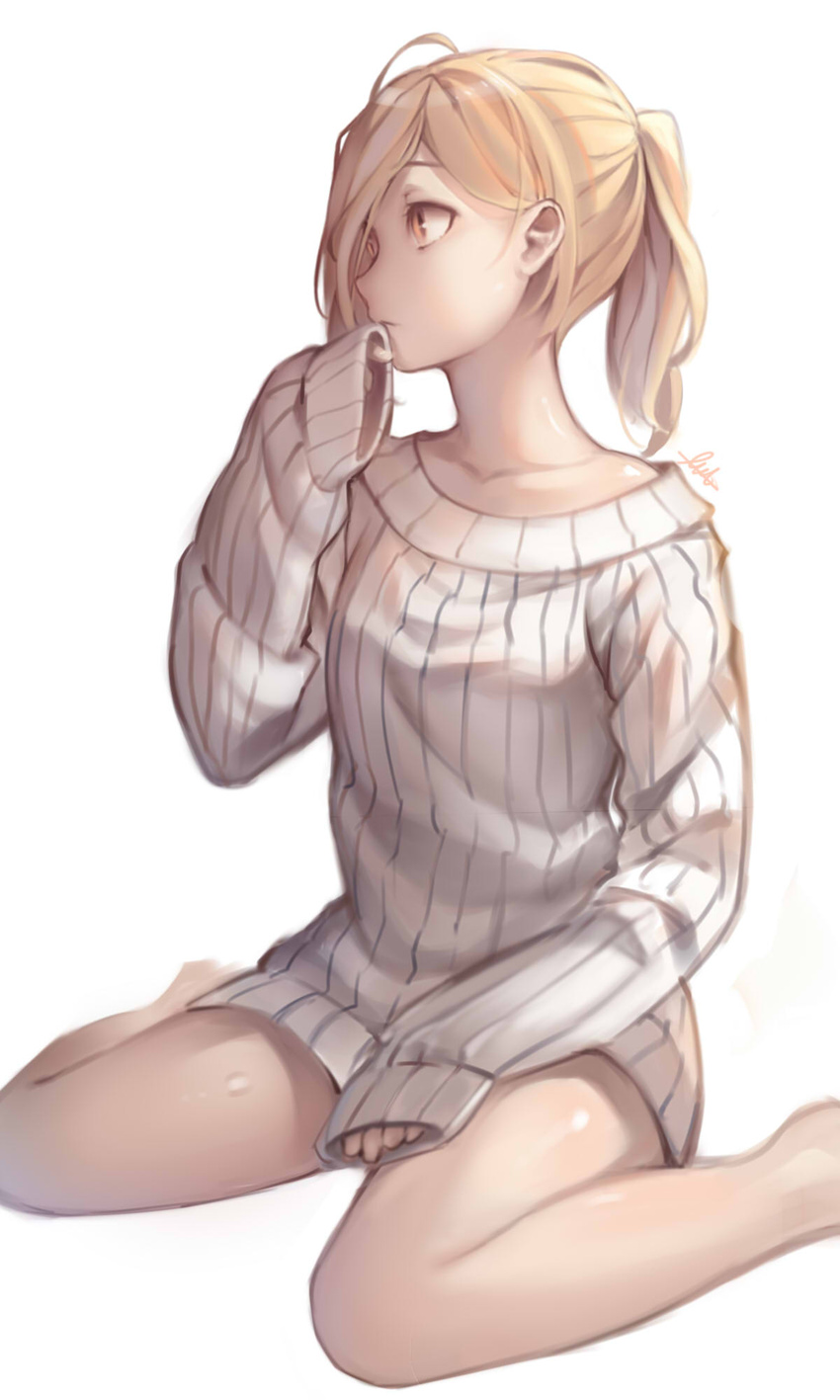 barefoot blonde_hair commentary_request dress female finger_to_mouth highres linmiu_(smilemiku) long_hair long_sleeves looking_away looking_to_the_side no_pants original ponytail ribbed_sweater sitting sleeves_past_wrists solo sweater sweater_dress wariza white_background white_sweater