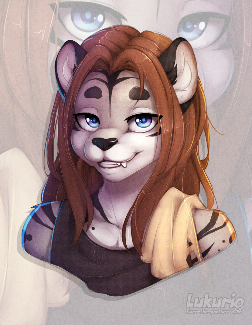 2019 anthro black_nose blue_eyes brown_hair clothed clothing digital_media_(artwork) felid feline fur hair hi_res lukurio mammal pantherine smile snow_leopard solo striped_body striped_fur stripes teeth