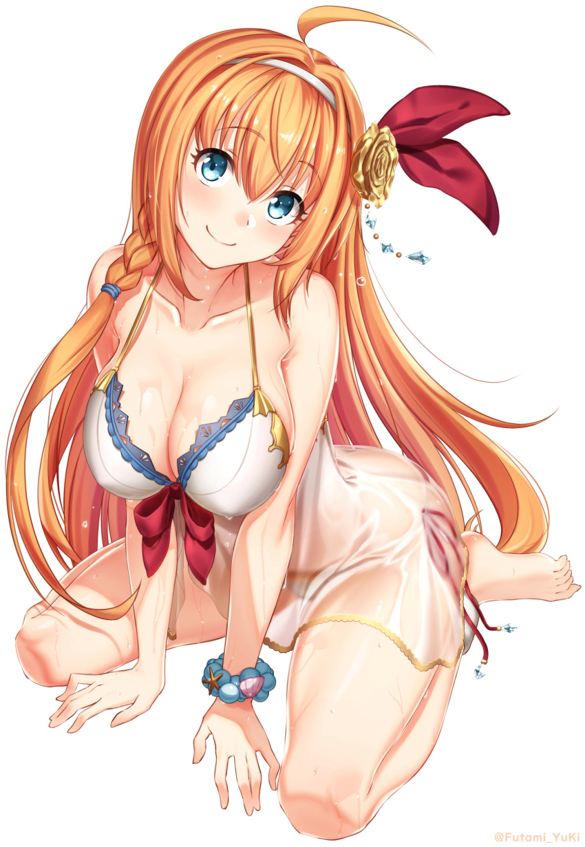 ahoge artist_name bare_arms bare_shoulders barefoot bead_bracelet beads between_legs bikini blue_eyes blush bracelet braid breasts clam_shell cleavage closed_mouth collarbone commentary female flower full_body futami_(mg42fw190d) hair_between_eyes hair_flower hair_ornament hair_ribbon hairband halterneck head_tilt highres jewelry large_breasts long_hair looking_at_viewer orange_hair pecorine_(princess_connect!) pecorine_(summer)_(princess_connect!) princess_connect! red_ribbon revision ribbon see-through side-tie_bikini_bottom simple_background sitting smile solo star_(symbol) swimsuit thighs twitter_username very_long_hair wariza water wet white_background white_bikini yellow_flower