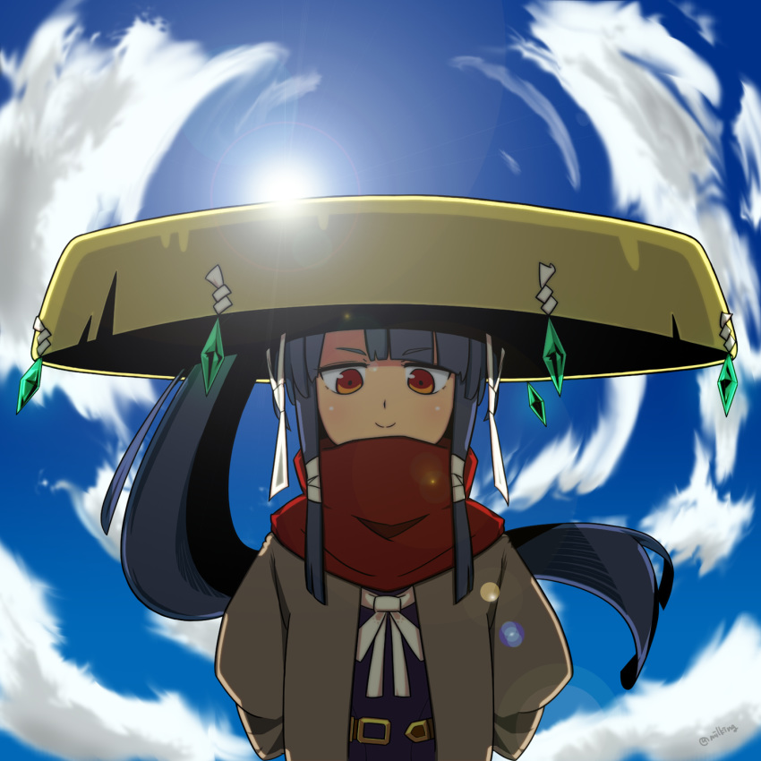 backlighting black_hair blue_sky blunt_bangs blush closed_mouth cloud cloudy_sky commentary_request day female fisheye fuurai_(sekaiju) gem half-closed_eyes highres japanese_clothes large_hat long_hair long_sleeves looking_at_viewer mibushido_(milking) orange_eyes outdoors sandogasa sekaiju_no_meikyuu sekaiju_to_fushigi_no_dungeon sky smile solo standing very_long_hair