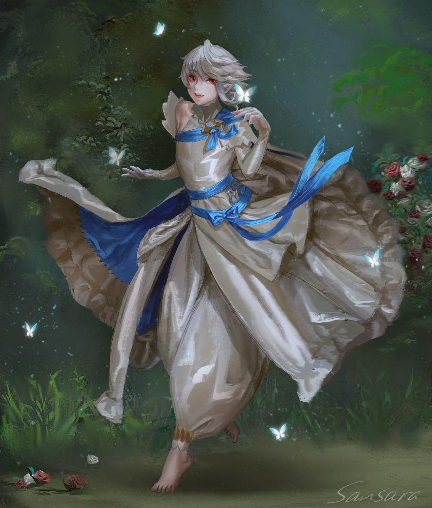 1boy barefoot bug butterfly commentary_request corrin_(fire_emblem) corrin_(male)_(adrift)_(fire_emblem) corrin_(male)_(fire_emblem) dress elbow_gloves fire_emblem fire_emblem_fates fire_emblem_heroes flower gloves grass highres looking_at_viewer male_focus pointy_ears red_eyes rose samsara_(shuukeura) signature smile solo white_dress white_hair