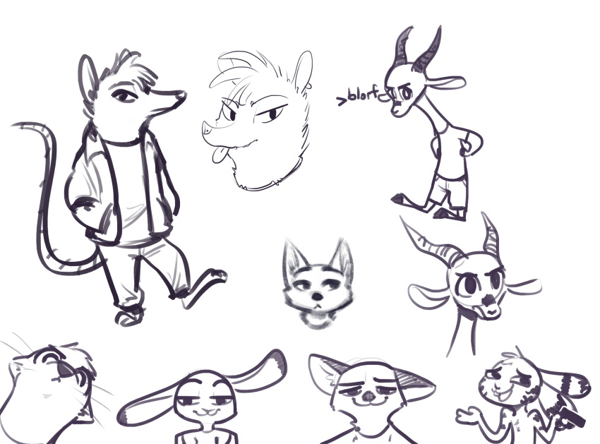 2019 ambiguous_gender american_opossum antelope anthro barefoot bovid buckteeth canid canine cheek_tuft chico_(fuel) clothed clothing dipstick_ears disney ear_markings english_text facial_markings facial_tuft fan_character feet fox fuel_(artist) fur fur_markings gazelle gesture greyscale group gun hand_in_pocket handgun hands_in_both_pockets hands_on_hips head_markings head_tuft hi_res holding_gun holding_object holding_ranged_weapon holding_weapon horn jack_savage jacket judy_hopps lagomorph leporid looking_at_viewer mammal markings marsupial monochrome multicolored_ears mustelid neck_tuft nick_wilde oliver_(fuel) open_clothing open_jacket open_mouth open_smile open_topwear otter pistol pockets rabbit ranged_weapon red_fox shrug simple_background sketch_page skye_(zootopia) smile standing teeth text tongue tongue_out topwear true_fox tuft weapon whiskers white_background zelda_(fuel) zootopia