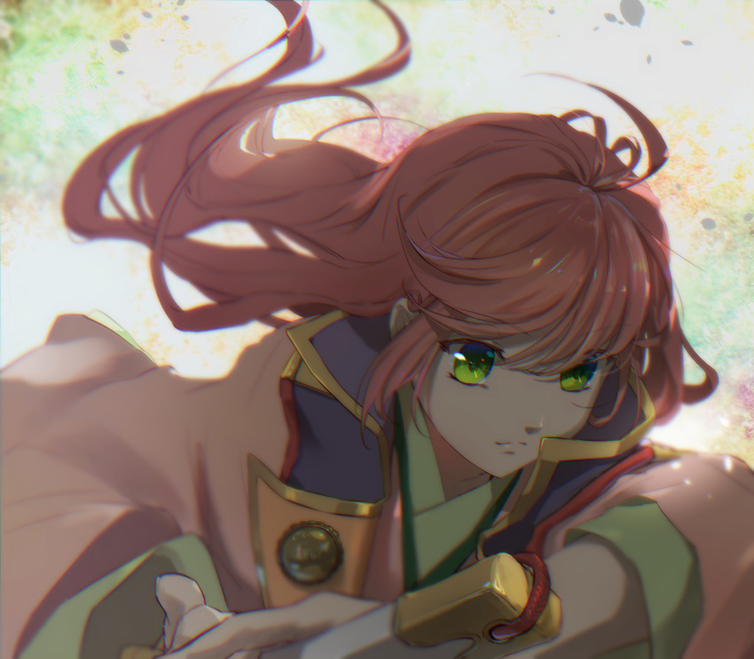 ahoge brown_hair cape commentary_request female green_eyes harukanaru_toki_no_naka_de harukanaru_toki_no_naka_de_3 heian highres japanese_clothes kasuga_nozomi long_hair long_sleeves looking_at_viewer neoromansu5 sheath simple_background solo sword unsheathing upper_body weapon