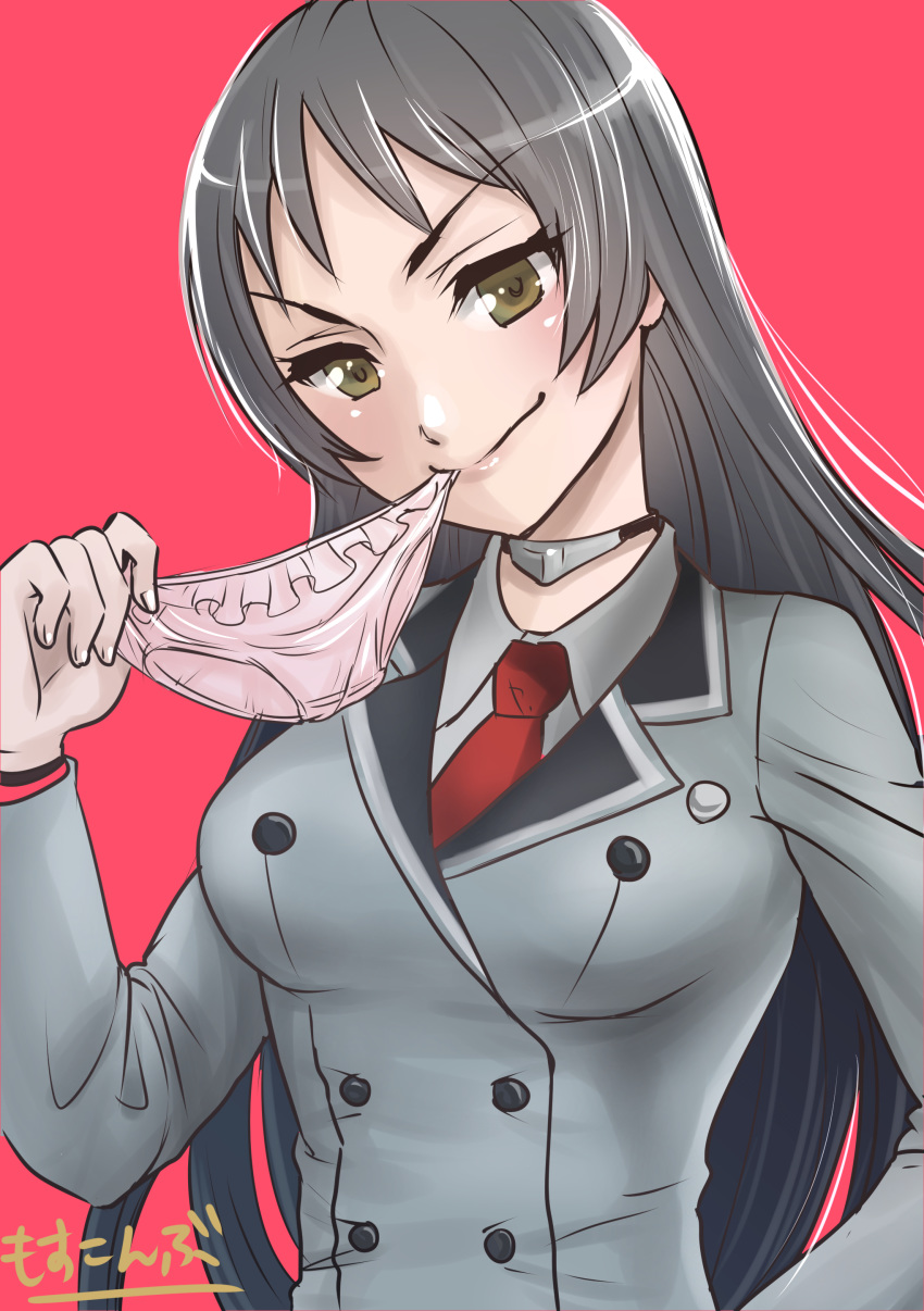 absurdres black_hair blazer breasts buttons choker closed_mouth commentary_request copyright_name female frilled_panties frills grey_jacket hand_up head_tilt highres holding holding_clothes holding_panties holding_underwear jacket kajou_ayame lips long_hair looking_at_viewer medium_breasts mosskonbu mouth_hold naughty_face necktie panties panties_in_mouth parted_bangs pervert pink_background pink_panties red_necktie school_uniform shimoneta_to_iu_gainen_ga_sonzai_shinai_taikutsu_na_sekai simple_background smirk solo underwear upper_body v-shaped_eyebrows yellow_eyes