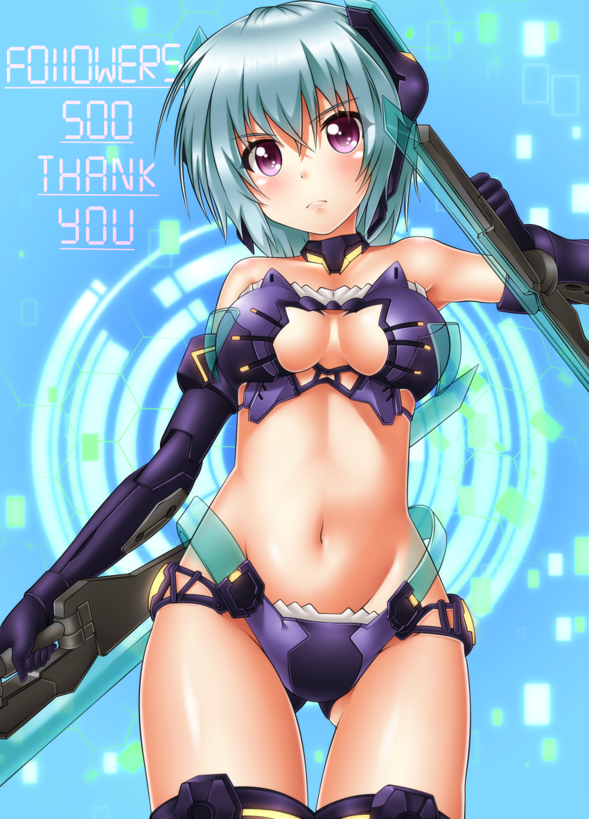 absurdres armor ass_visible_through_thighs bikini bikini_armor black_thighhighs blue_gloves blue_hair blush breasts cat_cutout cleavage_cutout clothing_cutout commentary_request derivative_work elbow_gloves female frame_arms_girl gloves highres hresvelgr looking_at_viewer mecha_musume medium_breasts milestone_celebration navel oooqqq purple_eyes shiny_skin short_hair solo swimsuit sword thank_you thighhighs thighs weapon