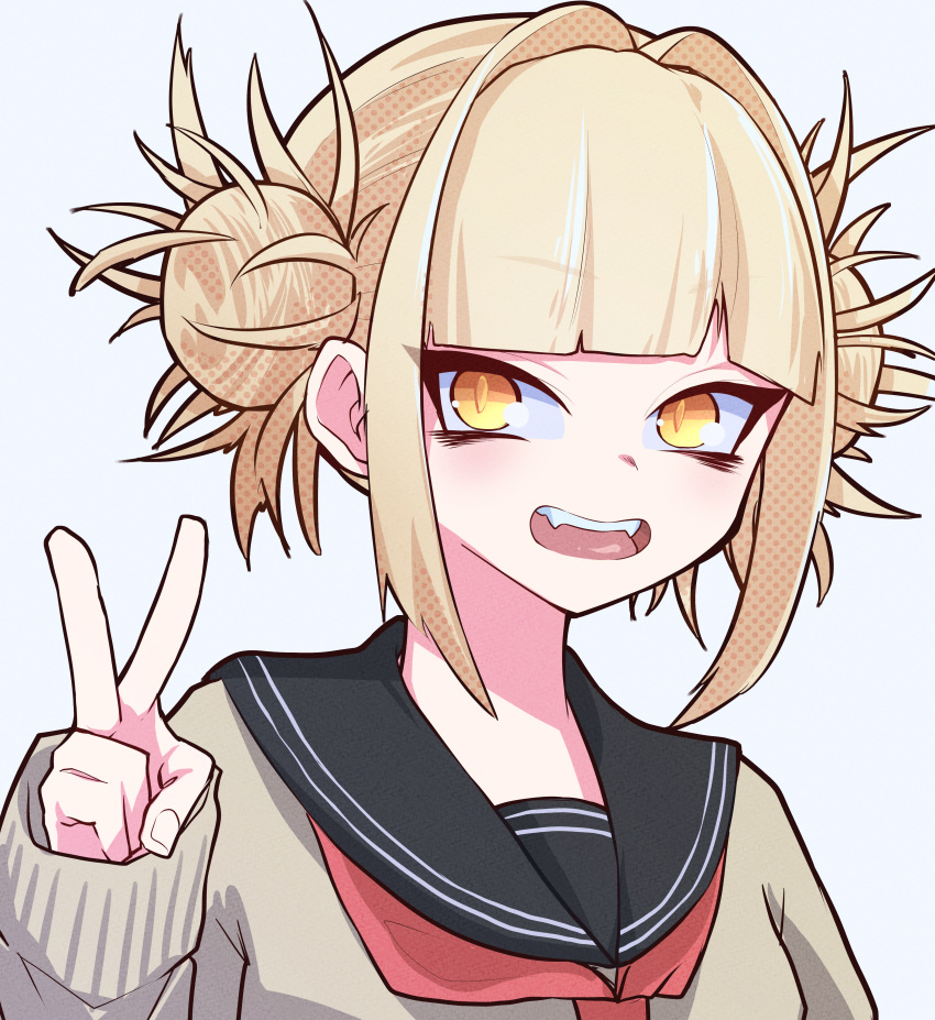 absurdres bad_id bad_pixiv_id blonde_hair boku_no_hero_academia commentary double_bun fangs female hair_bun highres jipponwazaari long_sleeves looking_at_viewer messy_hair school_uniform short_hair simple_background smile solo toga_himiko upper_body v white_background yellow_eyes