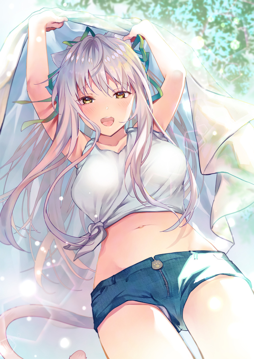 animal_ears arms_up blurry blurry_background blush breasts cat_ears cat_tail cocoa_(cafe-hotcocoa) commentary_request cowboy_shot day dutch_angle female from_below hair_ribbon highres long_hair looking_at_viewer medium_breasts midriff navel open_mouth original panties paw_print photoshop_(medium) ribbon shirt short_shorts shorts silver_hair sleeveless solo tail tied_shirt towel tree underwear white_panties yellow_eyes zipper