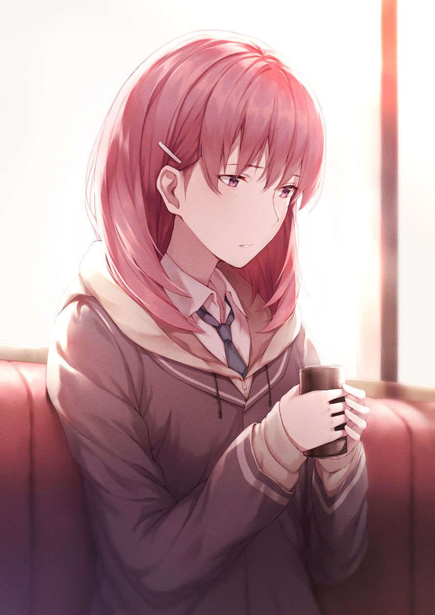 blue_necktie can chinese_commentary coat commentary female hair_ornament hairclip highres holding holding_can hood hood_down indoors just_because! long_sleeves lzl_j medium_hair natsume_mio necktie photoshop_(medium) purple_eyes red_hair school_uniform sitting solo