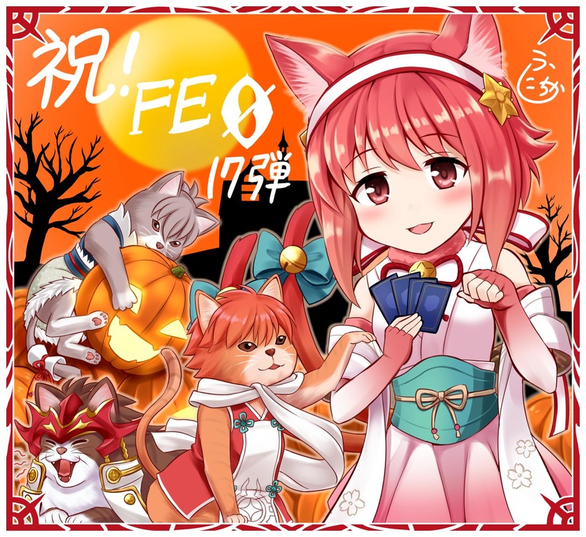 animal_ears bell bow cat_ears cat_tail commentary_request elbow_gloves feline female fingerless_gloves fire_emblem fire_emblem_cipher fire_emblem_fates fire_emblem_heroes gloves hair_ornament hairband highres hinoka_(fire_emblem) jack-o'-lantern japanese_clothes nichika_(nitikapo) open_mouth pink_eyes pink_hair ryoma_(fire_emblem) sakura_(fire_emblem) sakura_(halloween)_(fire_emblem) short_hair tail tail_bell tail_ornament takumi_(fire_emblem)