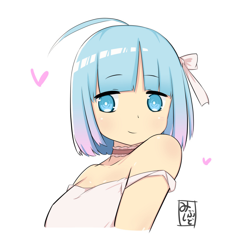 absurdres ahoge blue_eyes blue_hair blunt_bangs blunt_ends bob_cut breasts bright_pupils choker closed_mouth commentary_request cropped_torso female gradient_hair heart highres jitome light_blue_hair light_blush light_smile mibushido_(milking) multicolored_hair original pink_choker pink_hair ringed_eyes short_hair simple_background solo strap_slip upper_body white_background white_pupils