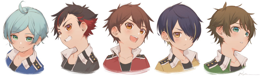 5boys :d ahoge bad_id bad_twitter_id black_hair black_jacket black_shirt blonde_hair blue_jacket brown_eyes brown_hair closed_mouth collarbone ensemble_stars! green_eyes green_hair green_jacket grin hair_over_one_eye head_tilt highres jacket looking_at_viewer male_focus morisawa_chiaki multicolored_hair multiple_boys nagumo_tetora open_mouth parted_bangs parted_lips portrait red_hair red_jacket ryota_(ry_o_ta) ryuuseitai_(ensemble_stars!) sengoku_shinobu shinkai_kanata shirt short_hair signature simple_background smile streaked_hair takamine_midori two-tone_hair v-shaped_eyebrows white_background wing_collar yellow_eyes yellow_jacket