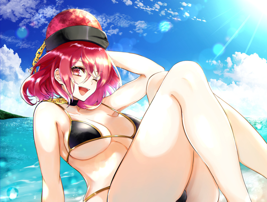 ;d arm_up bare_arms bare_legs bare_shoulders bikini black_bikini blue_sky breasts chains cloud commentary_request day feet_out_of_frame female hair_between_eyes hecatia_lapislazuli highres knees_up kurokan_(kokkyou_oudan) large_breasts lens_flare looking_at_viewer ocean one_eye_closed open_mouth outdoors red_eyes red_hair short_hair sitting sky smile solo strap_gap swimsuit thighs touhou water