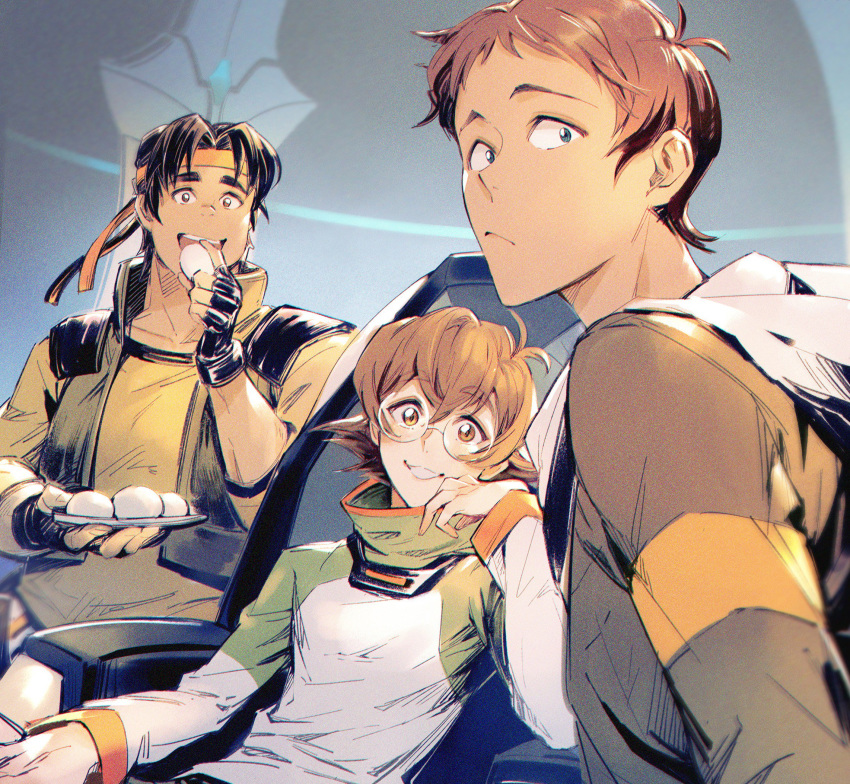 2boys bad_id bad_twitter_id blue_eyes bomssp bread brown_eyes brown_hair dark-skinned_male dark_skin eating female food glasses high_collar highres hood hoodie hunk_(voltron) lance_(voltron) looking_at_viewer multiple_boys pidge_gunderson reverse_trap short_hair sitting voltron:_legendary_defender voltron_(series)