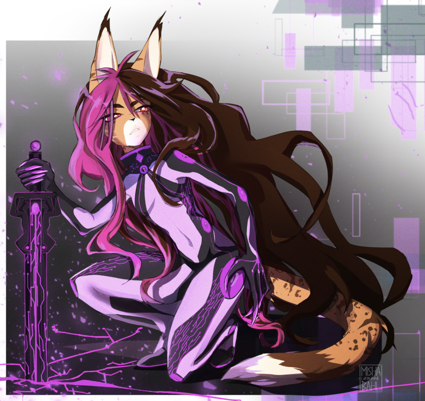 2019 alpha_channel anthro arlen_tawny biped bodysuit breasts brown_hair claws clothed clothing crouching cyber_(disambiguation) cybernetics cyberpunk cyberspace digital_media_(artwork) digitigrade domestic_cat felid feline felis female fur hair hi_res long_hair lynx machine mammal melee_weapon mishabahl multicolored_hair neon_genesis_evangelion orange_eyes pink_hair plugsuit purple_clothing purple_hair rule_63 simple_background skinsuit small_breasts solo spacesuit suit sword teeth tight_clothing tight_suit warrior weapon yellow_body yellow_fur