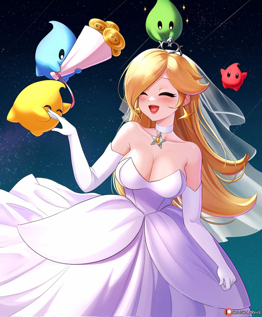 blonde_hair breasts closed_eyes female female_only luma mario_(series) nintendo open_mouth princess_rosalina skylight_draws solo super_mario_galaxy super_mario_odyssey