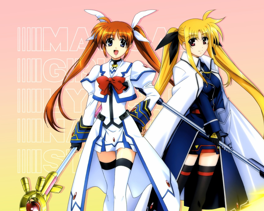 2girls bardiche blonde_hair blue_eyes bow brown_hair cape fate_testarossa fingerless_gloves gloves hairbow hand_on_hip long_hair mahou_shoujo_lyrical_nanoha_strikers multiple_girls open_mouth raising_heart red_eyes staff takamachi_nanoha thigh_highs twintails very_long_hair