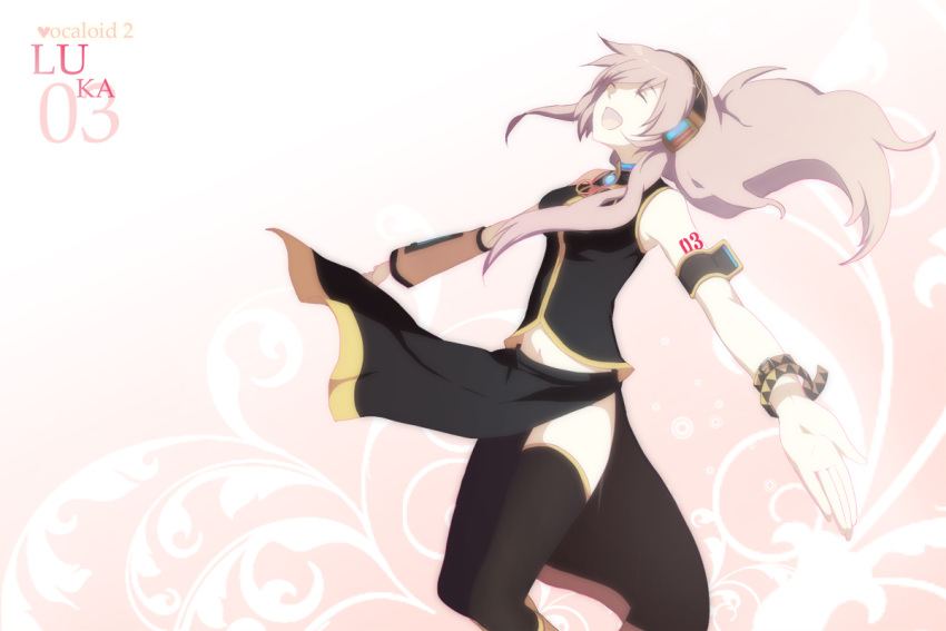 armlet banned_artist black_legwear double_lariat_(vocaloid) happy harano headphones long_hair megurine_luka music pink_hair side_slit singing smile solo thighhighs vocaloid