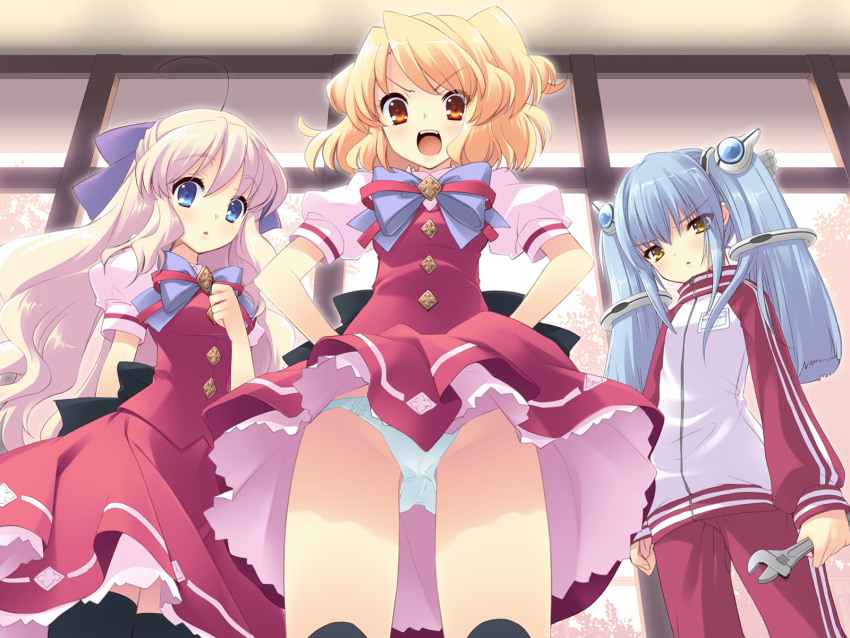 3girls ahoge blonde_hair blue_eyes blue_hair bow flyable_heart game_cg hair_ornament highres holding ito_noizi kujou_kururi long_hair looking_at_viewer minase_sakurako multiple_girls open_mouth panties pantyshot pink_hair red_eyes sasakura_ayato sumeragi_amane_(flyable_heart) thighhighs track_suit twintails underwear white_panties wrench yellow_eyes