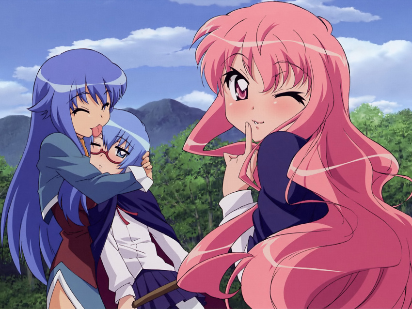 3girls blue_eyes blue_hair cloak irukuku licking louise_françoise_le_blanc_de_la_vallière louise_francoise_le_blanc_de_la_valliere multiple_girls pink_eyes pink_hair staff sylpheed tabitha wink zero_no_tsukaima