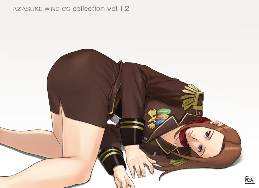 ass azasuke azasuke belt blue_eyes breasts brown_hair capcom cleavage female gyakuten_saiban highres houzuki_tomoe lana_skye legs long_hair looking_at_viewer lying military military_uniform on_side scarf serious simple_background skirt solo thighs uniform white_background