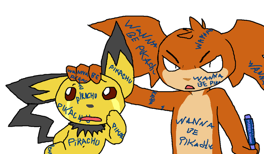 ambiguous_gender anthro bandai_namco black_eyes body_writing crossover darkdoomer digimon digimon_(species) duo fur generation_1_pokemon generation_2_pokemon head_wings holding_marker holding_object holding_writing_utensil insane mammal marker membrane_(anatomy) membranous_wings nintendo patachu patamon pichu pokemon pokemon_(species) red_eyes rodent stalker tail text text_on_body wings writing_on_belly writing_on_chest writing_utensil yellow_body yellow_fur