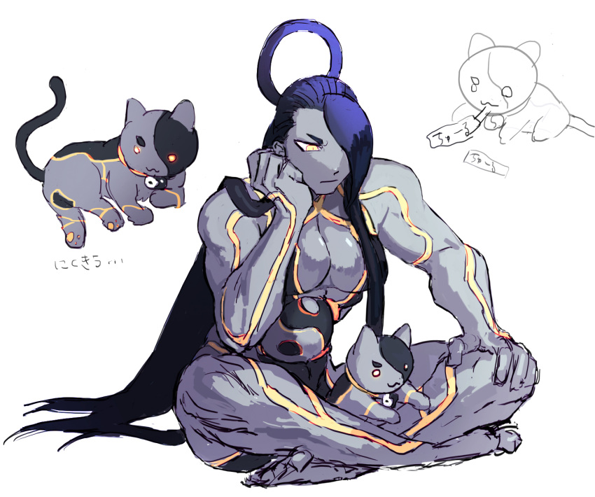 :3 animal animal_on_lap animalization barefoot black_hair breasts cat_on_lap cleavage colored_skin crossed_legs feline female female_seth_(street_fighter) grey_skin hair_over_one_eye hand_on_own_cheek hand_on_own_face hand_on_own_knee highres large_breasts muscular muscular_female on_lap orb single_hair_ring sitting street_fighter street_fighter_v trfd_3 yellow_eyes yin_yang yin_yang_orb