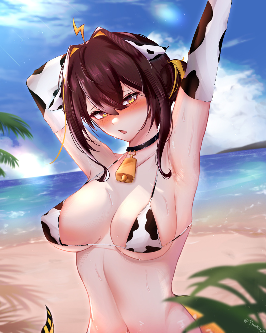 absurdres ahoge animal_ears animal_print arm_up armpits beach bell bikini black_choker blonde_hair blue_sky blush breasts brown_hair choker cleavage cow_ears cow_print cow_print_bikini cowbell eel_girl english_commentary female fins fish_tail hair_bun highres idol_corp juna_unagi large_breasts lightning_ahoge long_hair looking_at_viewer navel open_mouth outdoors palm_leaf print_bikini sand single_hair_bun sky solo swimsuit tail thinkuwu virtual_youtuber water white_bikini yellow_eyes