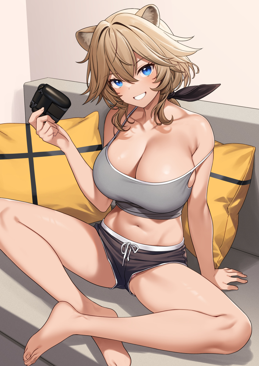 absurdres animal_ears arm_support bare_arms bare_legs bare_shoulders barefoot black_shorts blonde_hair blue_eyes breasts camisole cleavage collarbone commentary_request controller couch crop_top dolphin_shorts drawstring feet female game_controller grey_shirt grin hand_up highres holding hoshoku_club indian_style large_breasts legs lion_ears long_hair looking_at_viewer low_ponytail midriff navel on_couch pillow shirt shishizaki_airi_(takunomi) short_shorts shorts sitting skindentation sleeveless sleeveless_shirt smile solo spaghetti_strap stomach strap_slip takunomi thighs toenails toes