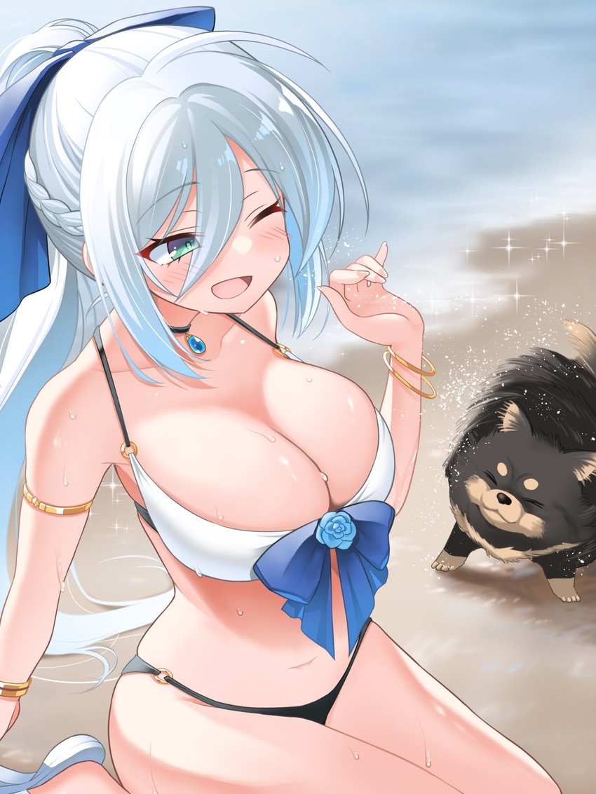 >_< ;d ahoge arm_at_side armlet bare_shoulders beach bikini black_bikini black_choker black_dog blue_bow blue_flower blue_gemstone blue_hair blue_rose blush bow bow_bikini bracelet braid breasts canine choker cleavage collarbone commentary curvy dog_request double-parted_bangs female flower french_braid gem green_eyes hair_between_eyes hair_spread_out hairbow halterneck hand_up happy highres jewelry large_breasts light_blue_hair long_hair looking_at_animal navel o-ring o-ring_bikini one_eye_closed open_mouth original ponytail rose sandals shiny_skin sitting skindentation smile solo sparkle splashing swimsuit tatsuya_(trypaint) very_long_hair water wet white_footwear