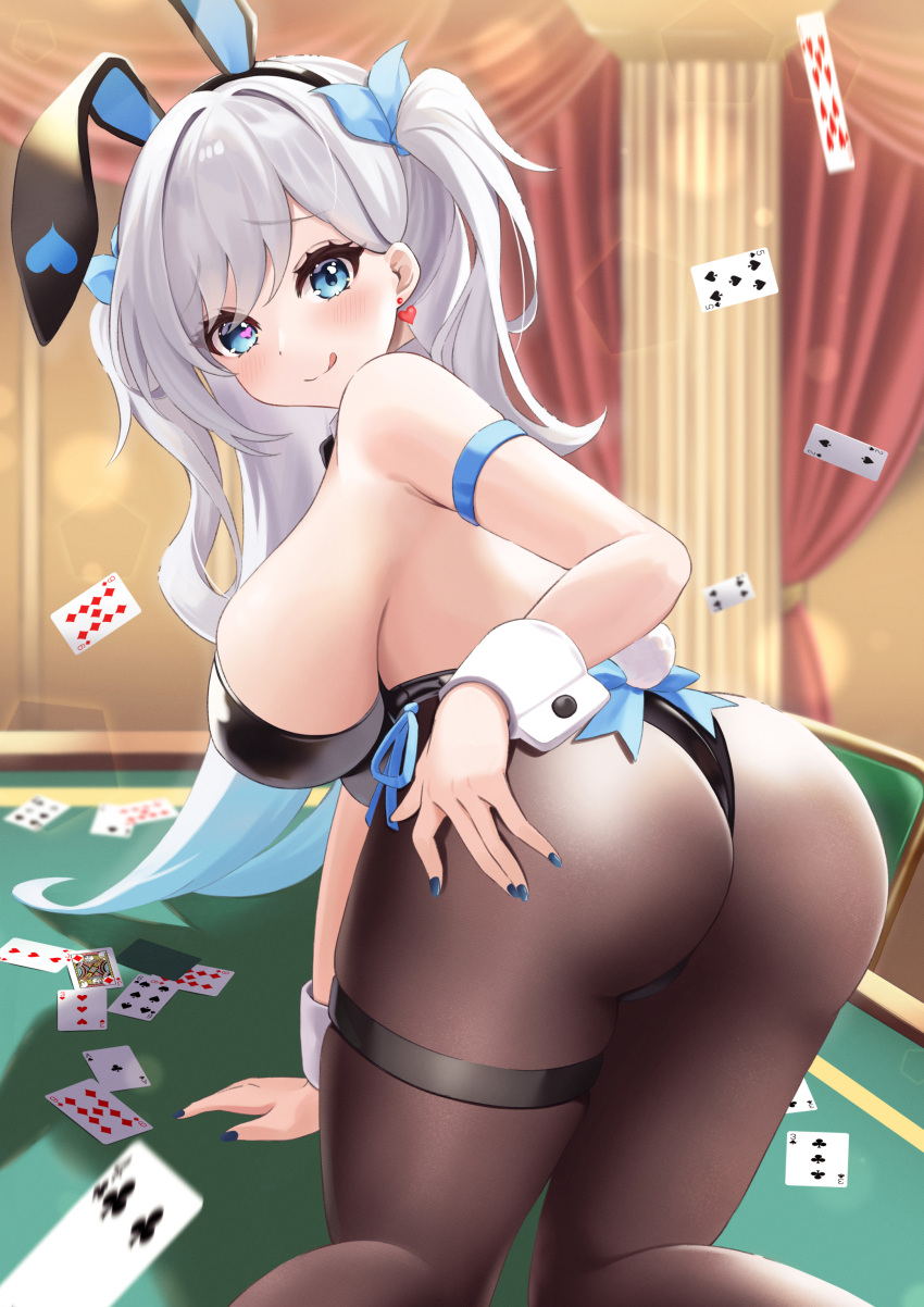 :q absurdres ace_(playing_card) ace_of_clubs animal_ears ass black_bow black_bowtie black_leotard blue_eyes blue_nails blue_ribbon bow bowtie breasts card club_(shape) collar detached_collar earrings elegant_(sumisumi4268) fake_animal_ears female five_of_spades four_of_clubs hair_ribbon hand_on_own_ass heart heart_earrings heart_in_eye highres iriam jack_(playing_card) jack_of_diamonds jewelry kaguya_tsukinagi large_breasts leotard nail_polish nine_of_diamonds on_table pantyhose playboy_bunny playing_card poker_table rabbit_ears rabbit_tail ribbon shadow six_of_spades solo symbol_in_eye table tail thigh_strap three_of_clubs three_of_hearts tongue tongue_out two_of_spades two_side_up virtual_youtuber white_collar white_wrist_cuffs wrist_cuffs