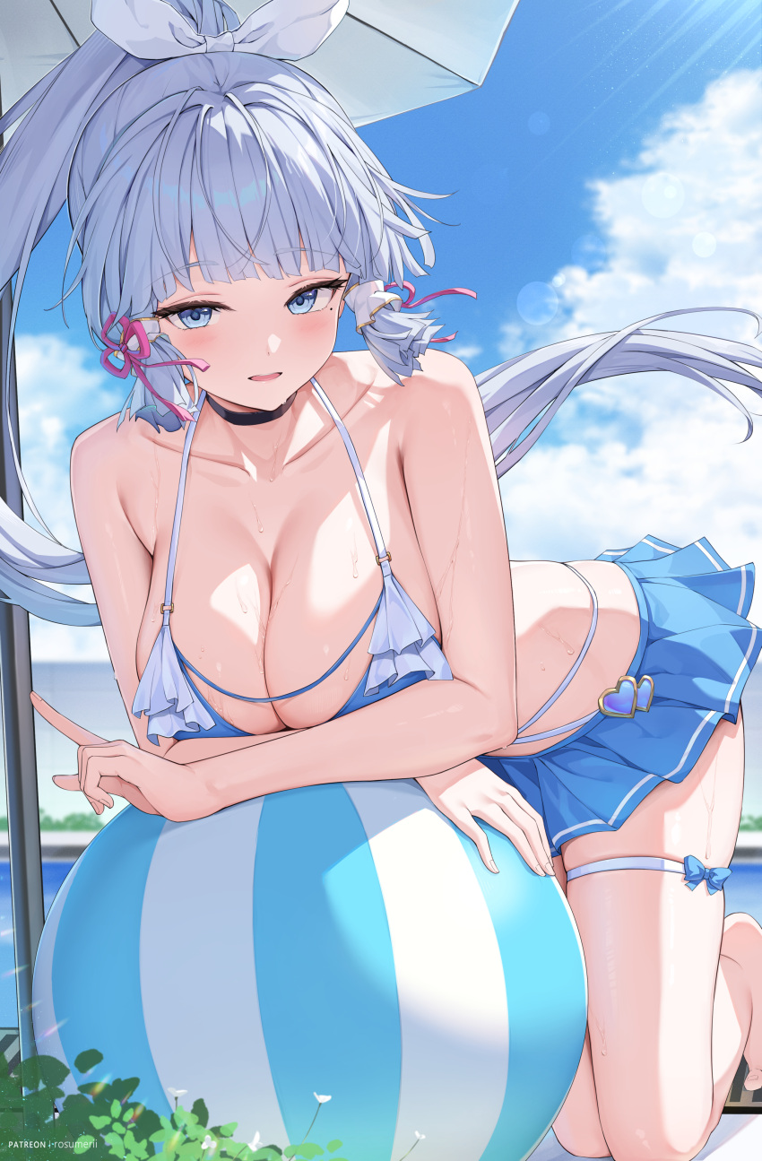 absurdres alternate_costume ball beach_umbrella beachball bikini black_choker blue_eyes blue_skirt blue_sky blush breasts choker cleavage cloud collarbone commentary_request female floating_hair frilled_bikini frills genshin_impact grey_hair hair_ornament highres kamisato_ayaka kneeling large_breasts leaning_on_ball leaning_on_object long_hair looking_at_viewer miniskirt mole mole_under_eye outdoors ponytail rosumerii sidelocks skindentation skirt sky smile solo swimsuit tassel tassel_hair_ornament thigh_strap umbrella very_long_hair