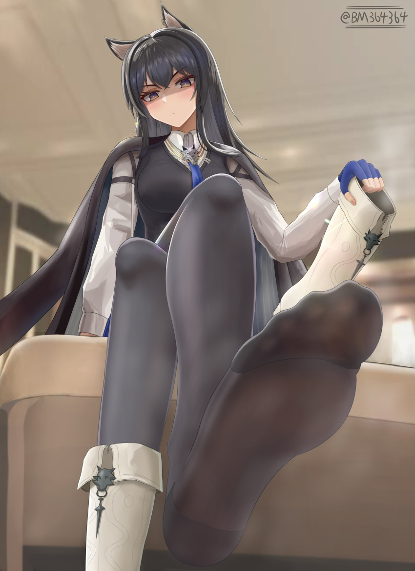 animal_ears arknights black_hair black_pantyhose black_vest blue_gloves blue_necktie blurry blurry_background blush bm_(bm364364) boots closed_mouth collared_shirt crossed_bangs crossed_legs eyelashes feet female fingerless_gloves foot_focus foreshortening gloves grey_eyes hair_between_eyes hand_up highres holding holding_boots holding_clothes holding_footwear indoors jacket jacket_on_shoulders long_sleeves looking_at_viewer necktie no_shoes pantyhose shaded_face shirt sitting smell soles solo steaming_body texas_(arknights) texas_the_omertosa_(arknights) toes twitter_username v-shaped_eyebrows vest white_footwear white_shirt