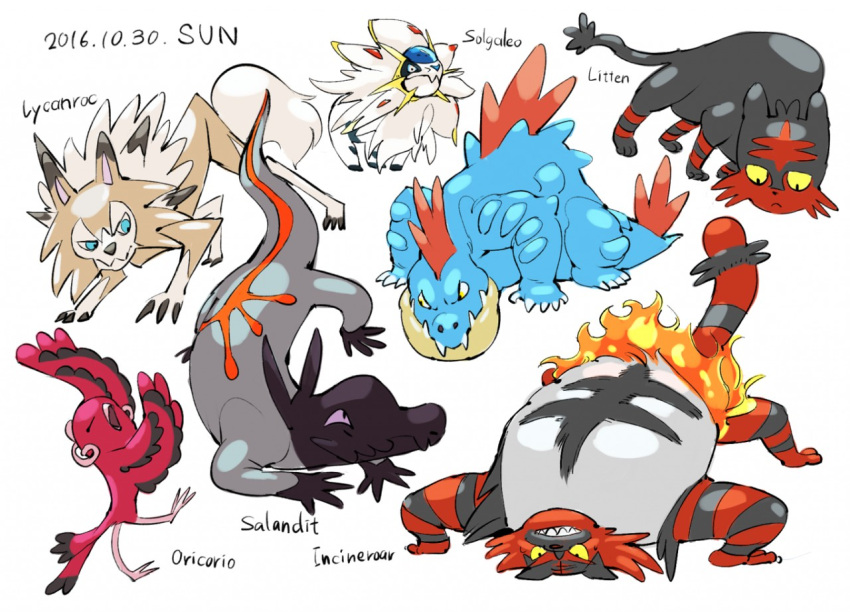 ambiguous_gender anthro biped black_body black_fur blue_body blue_eyes feral feraligatr fur generation_2_pokemon generation_7_pokemon group gyu_hydrogen incineroar legendary_pokemon litten lycanroc midday_lycanroc nintendo oricorio pokemon pokemon_(species) purple_sclera quadruped red_body red_fur salandit simple_background solgaleo tan_body tan_fur white_background white_body white_fur yellow_sclera